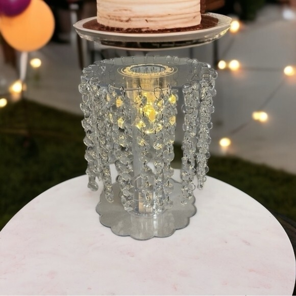 Clear Acrylic Beaded Chandelier Cake Stand with LED Lights 8"x9" Wedding Party